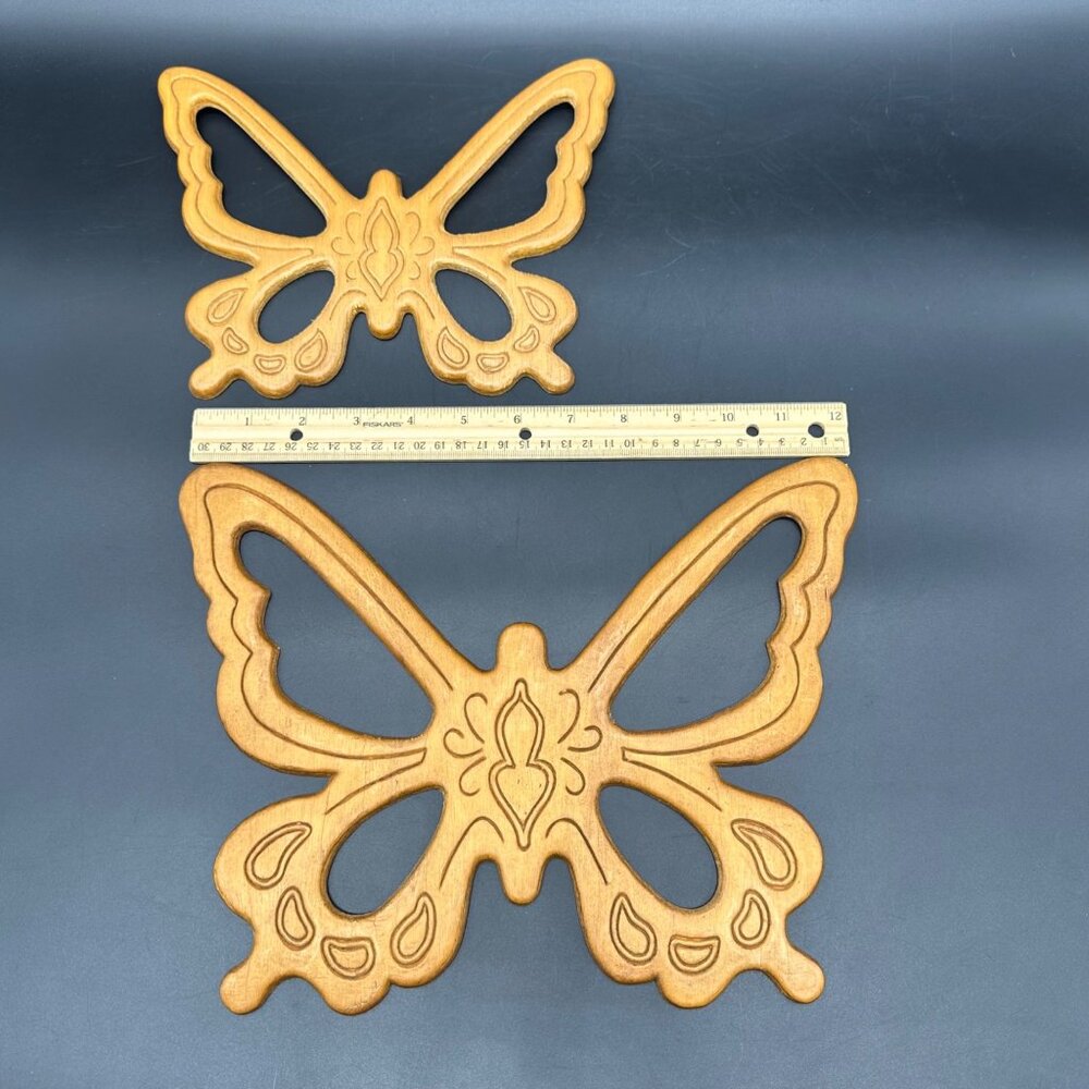 Vintage Butterfly Wooden Wall Hangings 1970s Retro Brown Boho Decor 3 Pieces - Picture 9 of 9